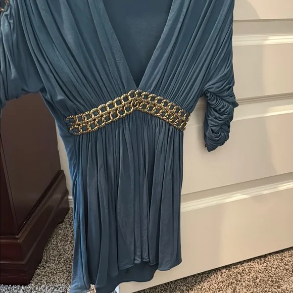 Sky Blue Ruched V-Neck Sundress with Dolman Sleeves - Picture 3 of 5